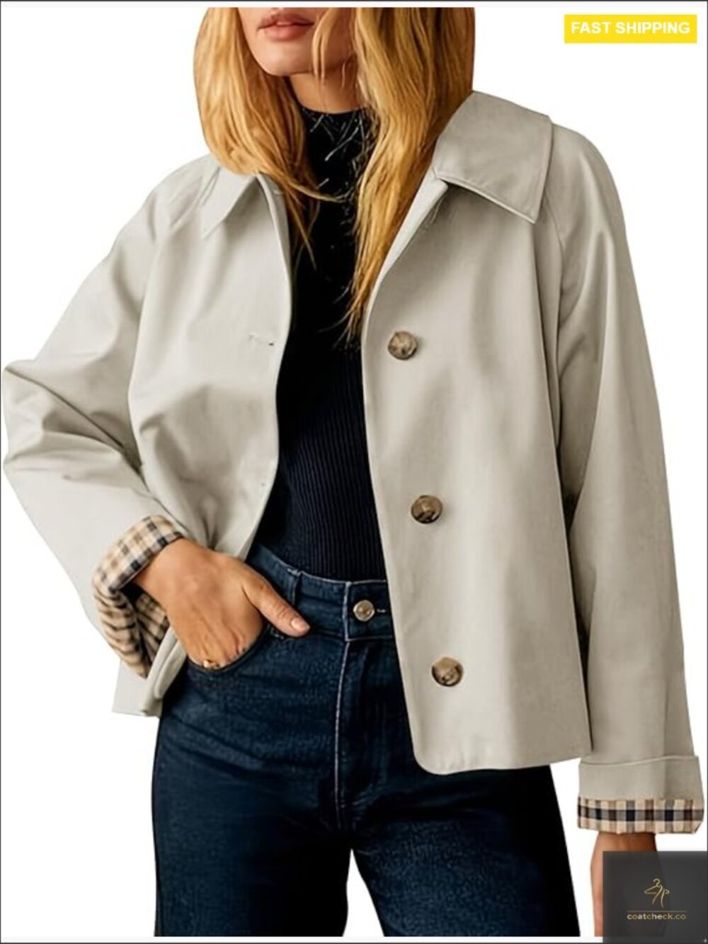 Cropped Trench Coat Oversized Casual Lapel Jacket Classic Chic Polyester
